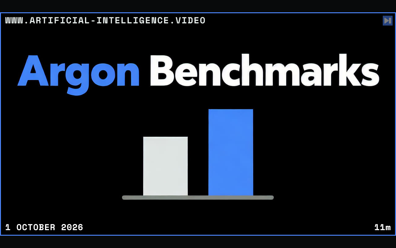 Two simple flat bars on black beneath the blue and white headline “Argon Benchmarks”, without numeric labels. Framed in blue with WWW.ARTIFICIAL-INTELLIGENCE.VIDEO, 1 October 2026 and duration 11m.