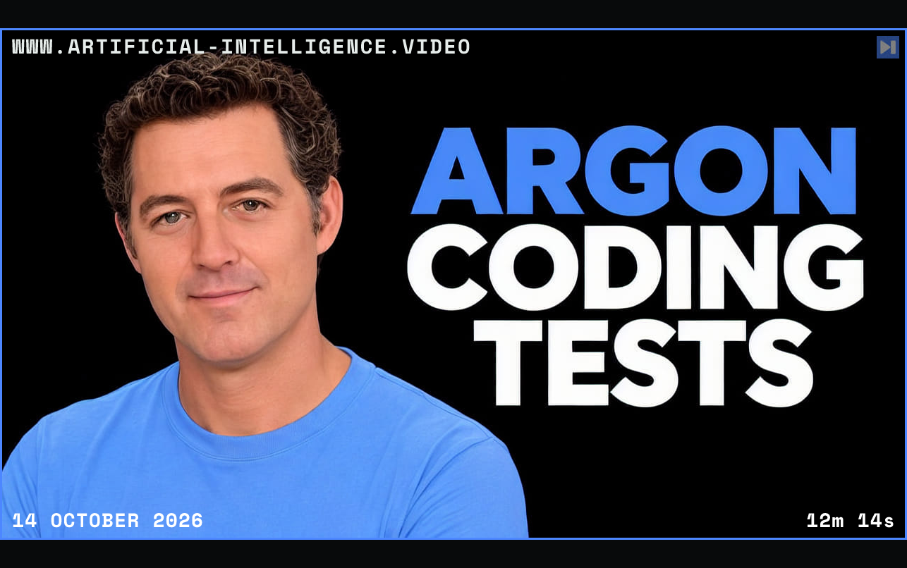 Editorial portrait of Matthew Berman beside the blue-and-white headline ARGON CODING TESTS against black. Framed in blue with WWW.ARTIFICIAL-INTELLIGENCE.VIDEO, 14 October 2026 and duration 12m 14s.