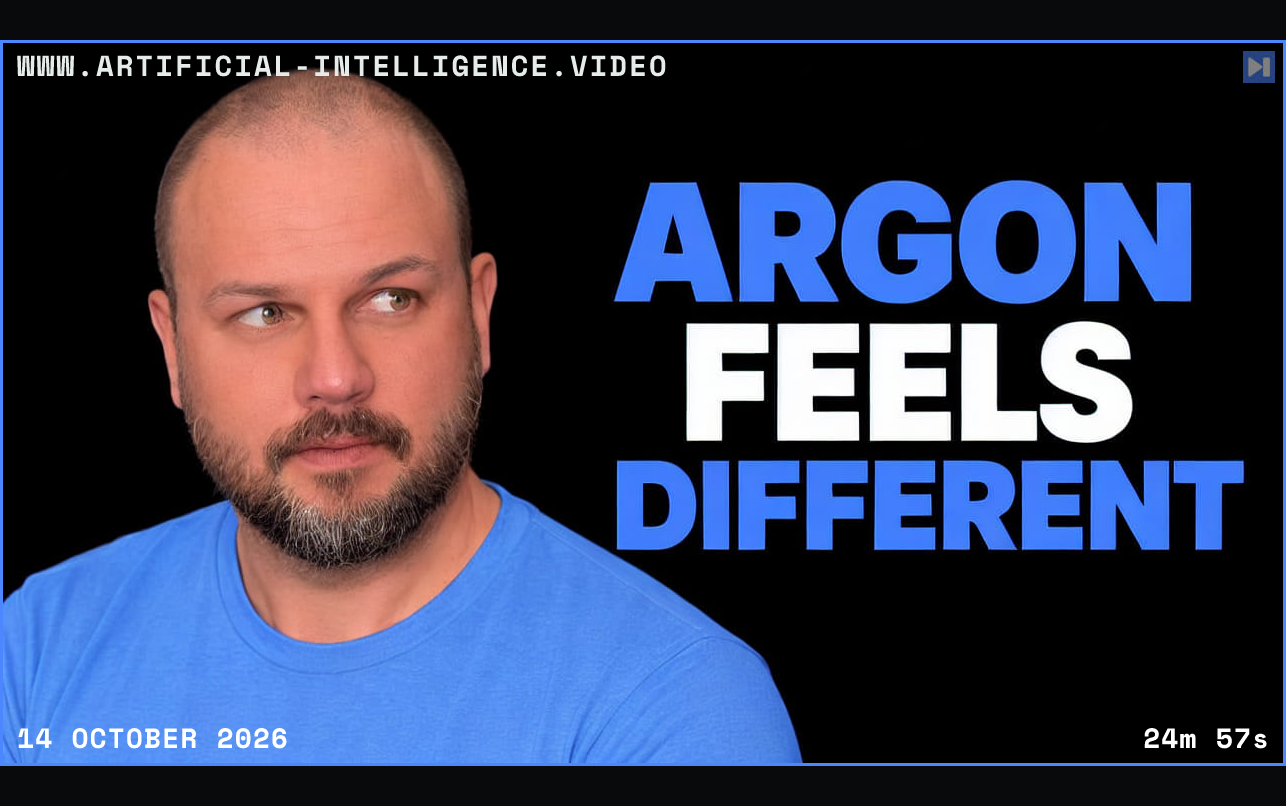 Editorial portrait of Wes Roth beside the blue-and-white headline ARGON FEELS DIFFERENT against black. Framed in blue with WWW.ARTIFICIAL-INTELLIGENCE.VIDEO, 14 October 2026 and duration 24m 57s.