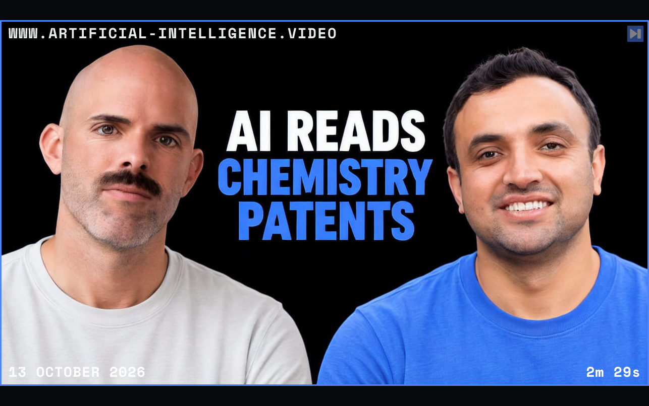 Brian Bender in off-white and Santosh Adhikari in blue flank the blue and white headline AI Reads Chemistry Patents against a black background. Framed in blue with WWW.ARTIFICIAL-INTELLIGENCE.VIDEO, 13 October 2026 and duration 2m 29s.