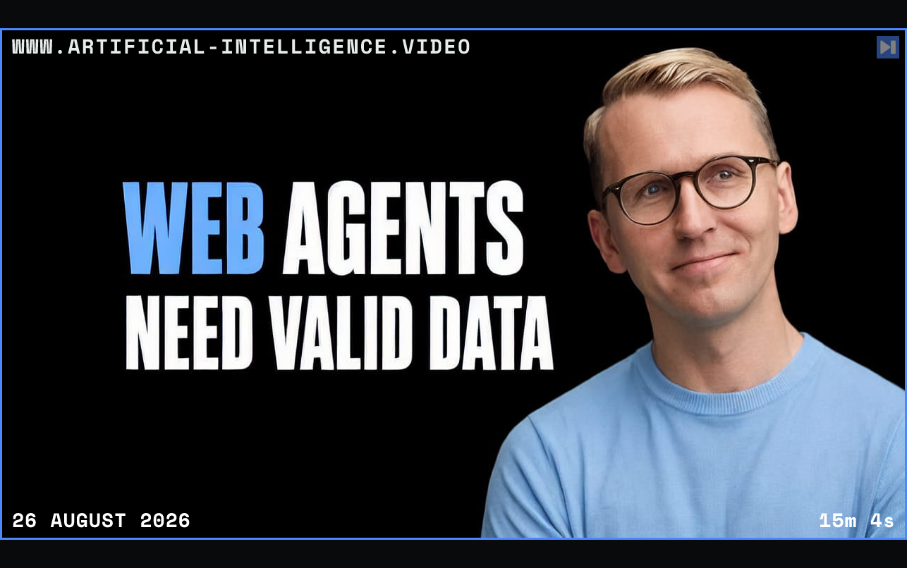Giedrius Šteimantas explaining content validation and reliable web access for AI agents Framed in blue with WWW.ARTIFICIAL-INTELLIGENCE.VIDEO, 26 August 2026 and duration 15m 4s.