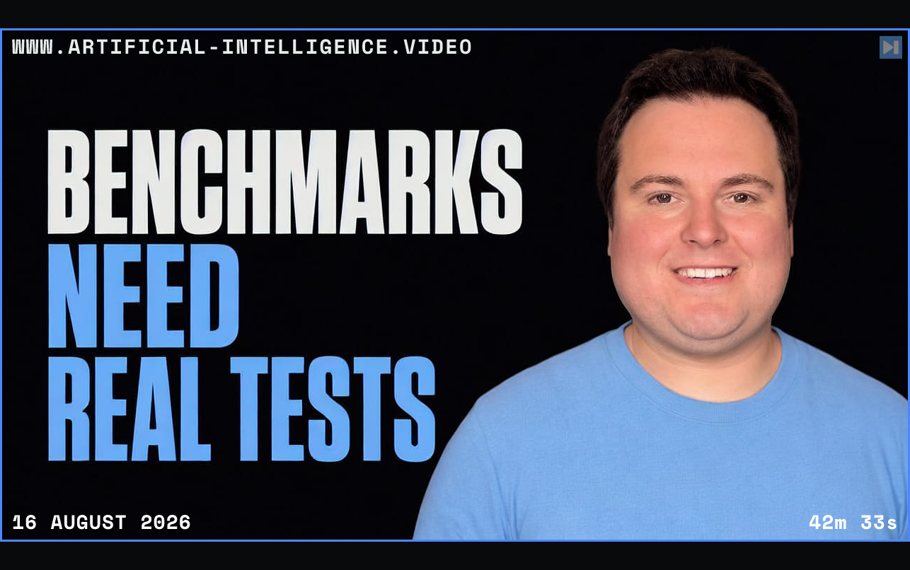 Portrait of Bijan Bowen beside the words Benchmarks Need Real Tests Framed in blue with WWW.ARTIFICIAL-INTELLIGENCE.VIDEO, 16 August 2026 and duration 42m 33s.