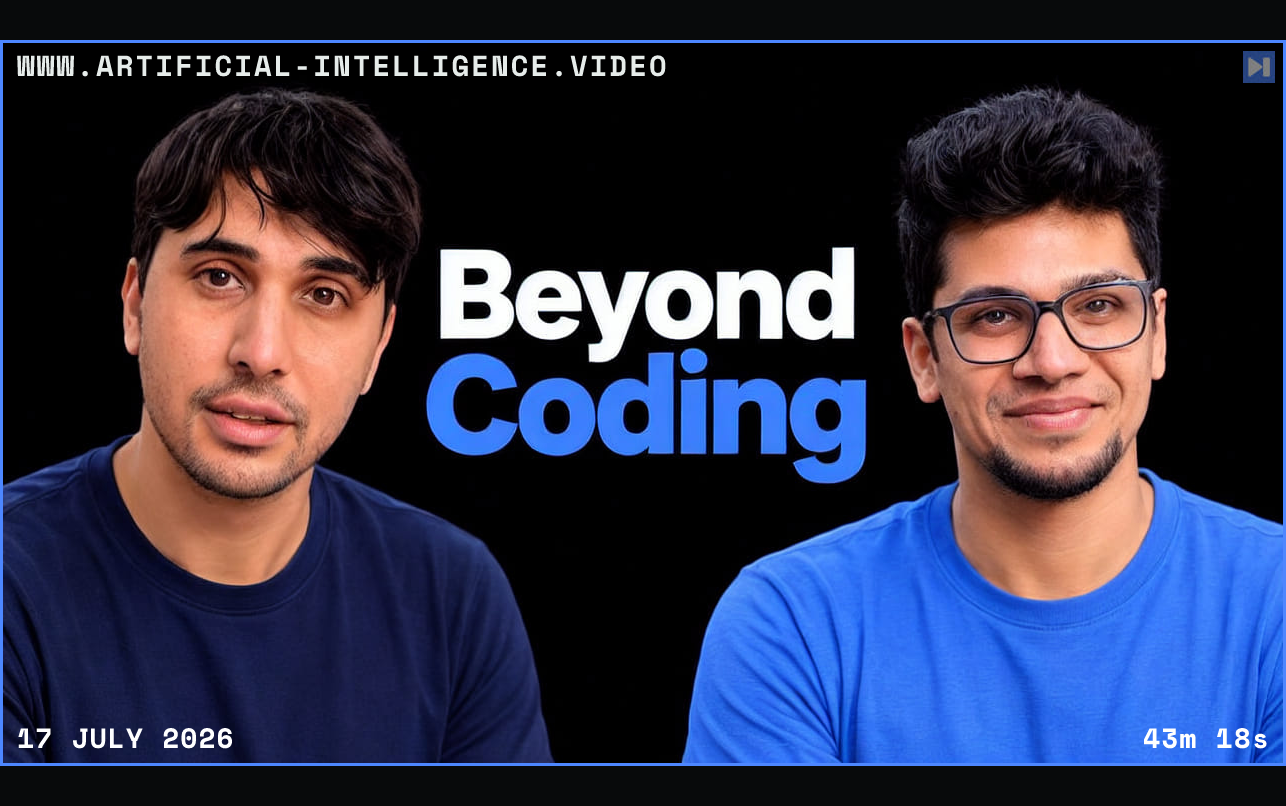 0xSero and Vaibhav Srivastav beside the blue-and-white headline Beyond Coding against a black background. Framed in blue with WWW.ARTIFICIAL-INTELLIGENCE.VIDEO, 17 July 2026 and duration 43m 18s.