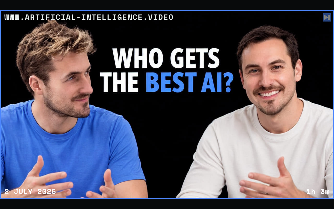 Pierce Freeman and Richard Diehl Martinez in blue and white tops against black, alongside the blue and white headline "WHO GETS THE BEST AI?". Framed in blue with WWW.ARTIFICIAL-INTELLIGENCE.VIDEO, 2 July 2026 and duration 1h 3m.