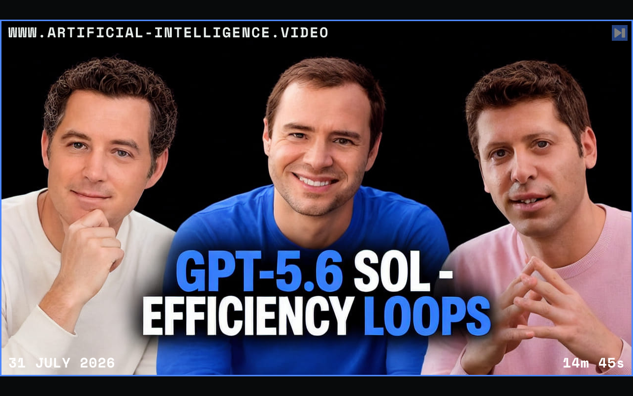 Matthew Berman in white, Andrej Karpathy in blue and Sam Altman in pink above the blue and white headline GPT-5.6 SOL - EFFICIENCY LOOPS on black. Framed in blue with WWW.ARTIFICIAL-INTELLIGENCE.VIDEO, 31 July 2026 and duration 14m 45s.