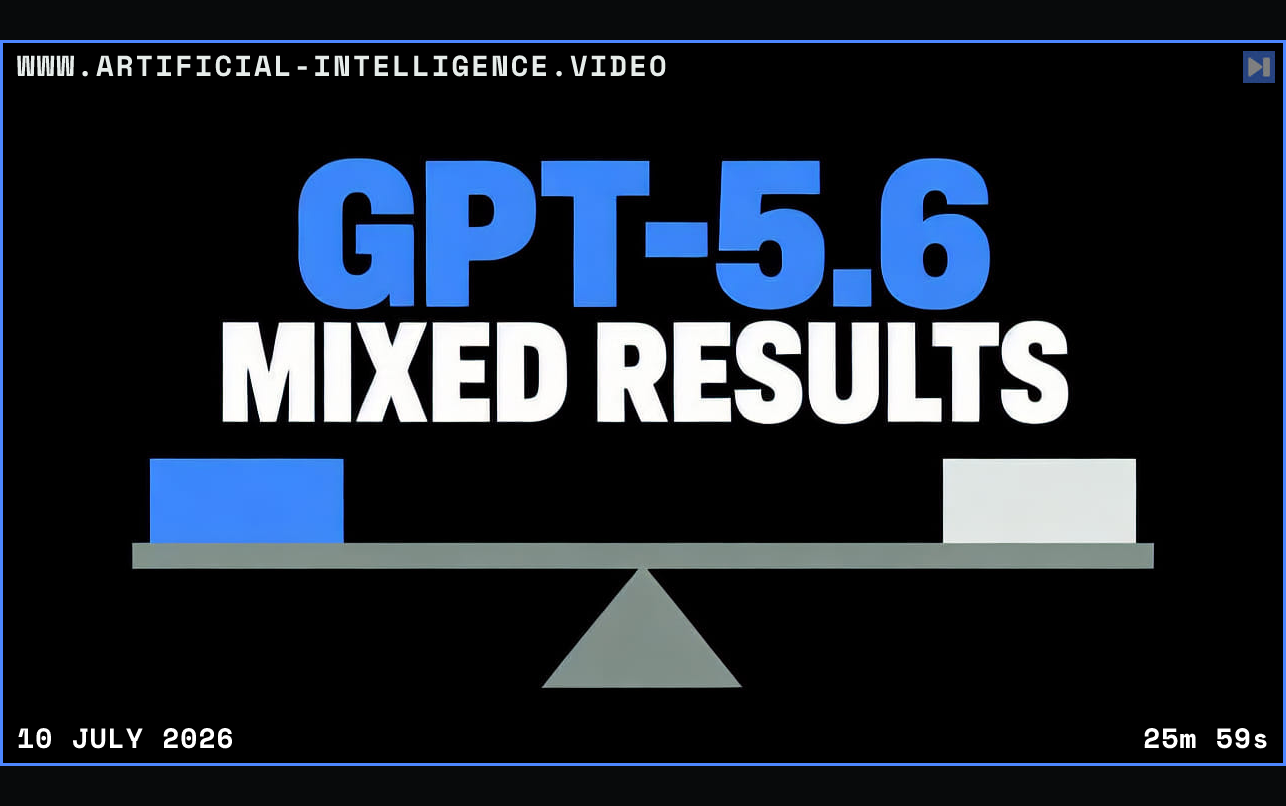 Blue GPT-5.6 and white MIXED RESULTS headline above a flat balance beam with blue and pale blocks on a black background. Framed in blue with WWW.ARTIFICIAL-INTELLIGENCE.VIDEO, 10 July 2026 and duration 25m 59s.