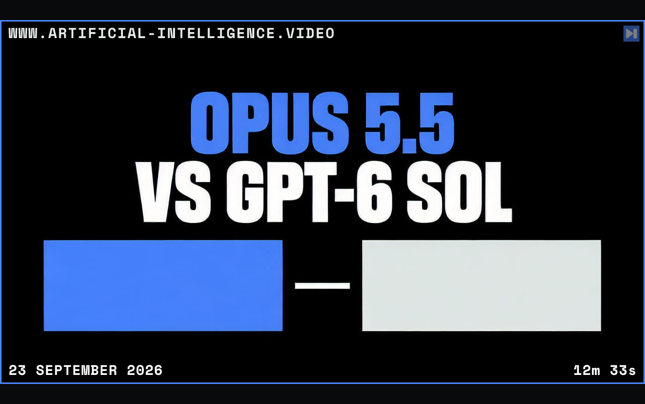 Blue and off-white comparison rectangles on black beneath the blue and white headline “OPUS 5.5 / VS GPT-6 SOL”. Framed in blue with WWW.ARTIFICIAL-INTELLIGENCE.VIDEO, 23 September 2026 and duration 12m 33s.