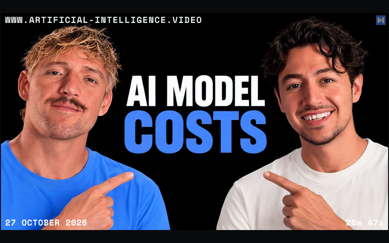 Jack Roberts and Nick Saraev beside the words AI model costs and filing. With WWW.ARTIFICIAL-INTELLIGENCE.VIDEO, 27 October 2026 and duration 20m 47s.