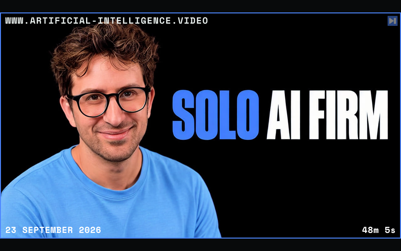 Greg Isenberg wearing glasses and a blue shirt beside the blue-and-white headline “SOLO AI FIRM” on a black background. Framed in blue with WWW.ARTIFICIAL-INTELLIGENCE.VIDEO, 23 September 2026 and duration 48m 5s.