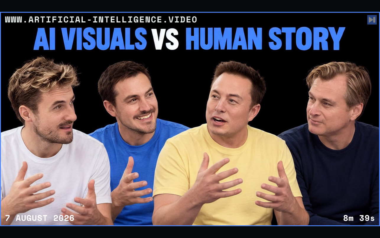 Pierce Freeman, Richard Diehl Martinez, Elon Musk, Christopher Nolan against black with the blue and white headline "AI VISUALS VS HUMAN STORY". Framed in blue with WWW.ARTIFICIAL-INTELLIGENCE.VIDEO, 7 August 2026 and duration 8m 39s.