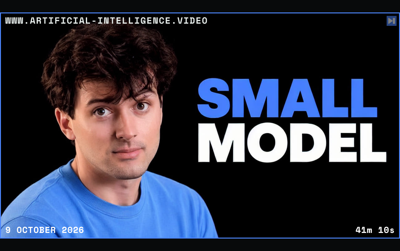 Theo Browne in blue looks toward the viewer beside the blue and white "SMALL MODEL" headline against black. Framed in blue with WWW.ARTIFICIAL-INTELLIGENCE.VIDEO, 9 October 2026 and duration 41m 10s.