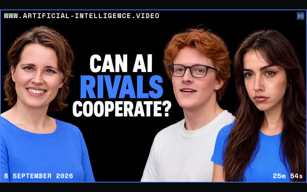 Helen Toner, Theo Jaffee and Sofia Puccini beside the blue and white headline CAN AI RIVALS COOPERATE? on a black background. Framed in blue with WWW.ARTIFICIAL-INTELLIGENCE.VIDEO, 8 September 2026 and duration 25m 54s.