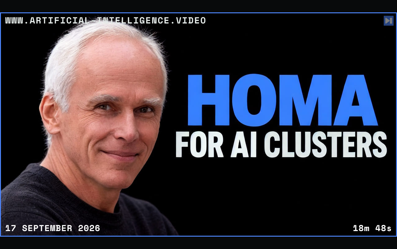 John Ousterhout in a dark shirt on a black background beside the blue-and-white headline HOMA FOR AI CLUSTERS. Framed in blue with WWW.ARTIFICIAL-INTELLIGENCE.VIDEO, 17 September 2026 and duration 18m 48s.