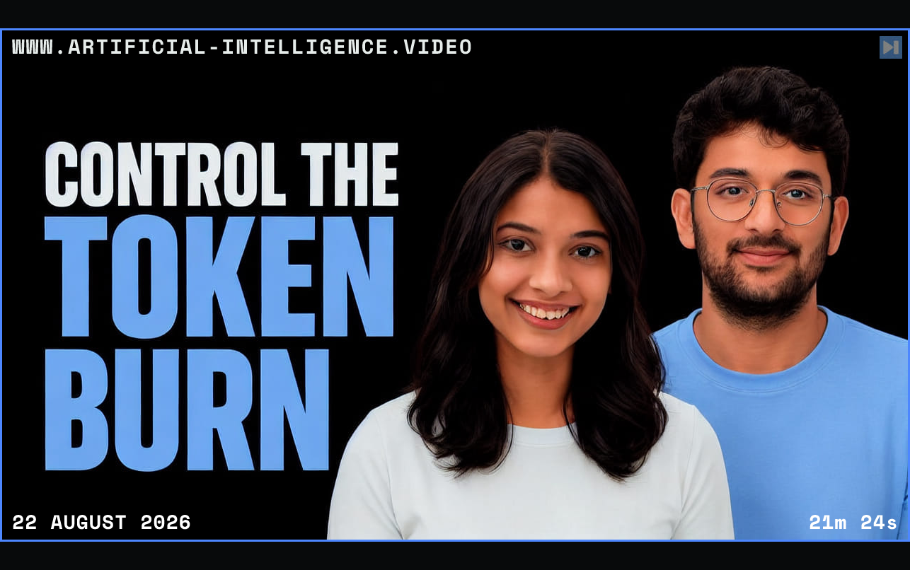 Tisha Chawla and Susheem Koul beside the words Control the Token Burn Framed in blue with WWW.ARTIFICIAL-INTELLIGENCE.VIDEO, 22 August 2026 and duration 21m 24s.