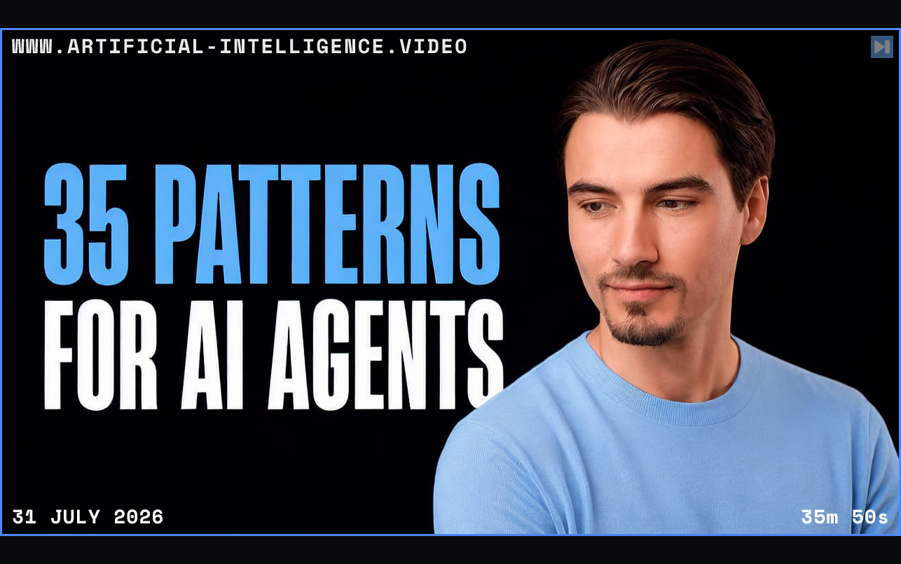 Igor Pogany beside the two-color headline 35 Patterns for AI Agents Framed in blue with WWW.ARTIFICIAL-INTELLIGENCE.VIDEO, 31 July 2026 and duration 35m 50s.
