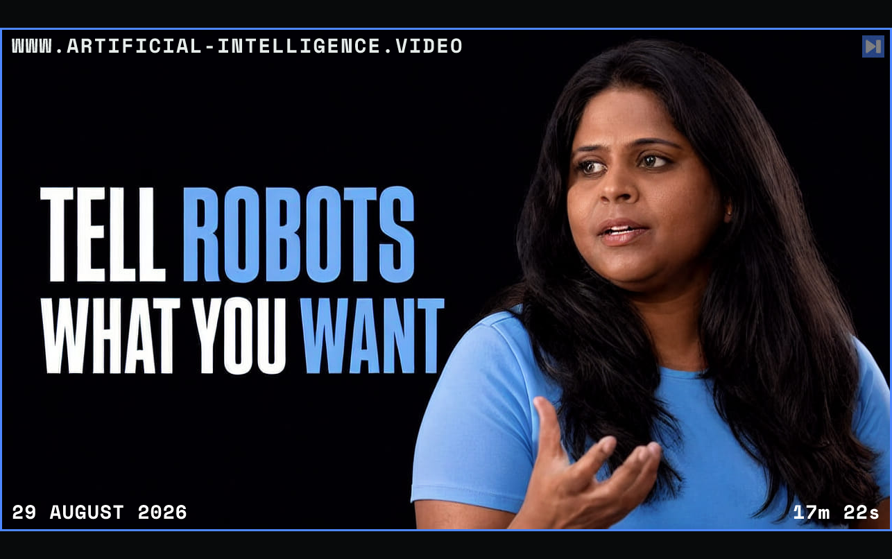 Sandhya Subramani beside the headline Tell Robots What You Want in attention blue and white Framed in blue with WWW.ARTIFICIAL-INTELLIGENCE.VIDEO, 29 August 2026 and duration 17m 22s.