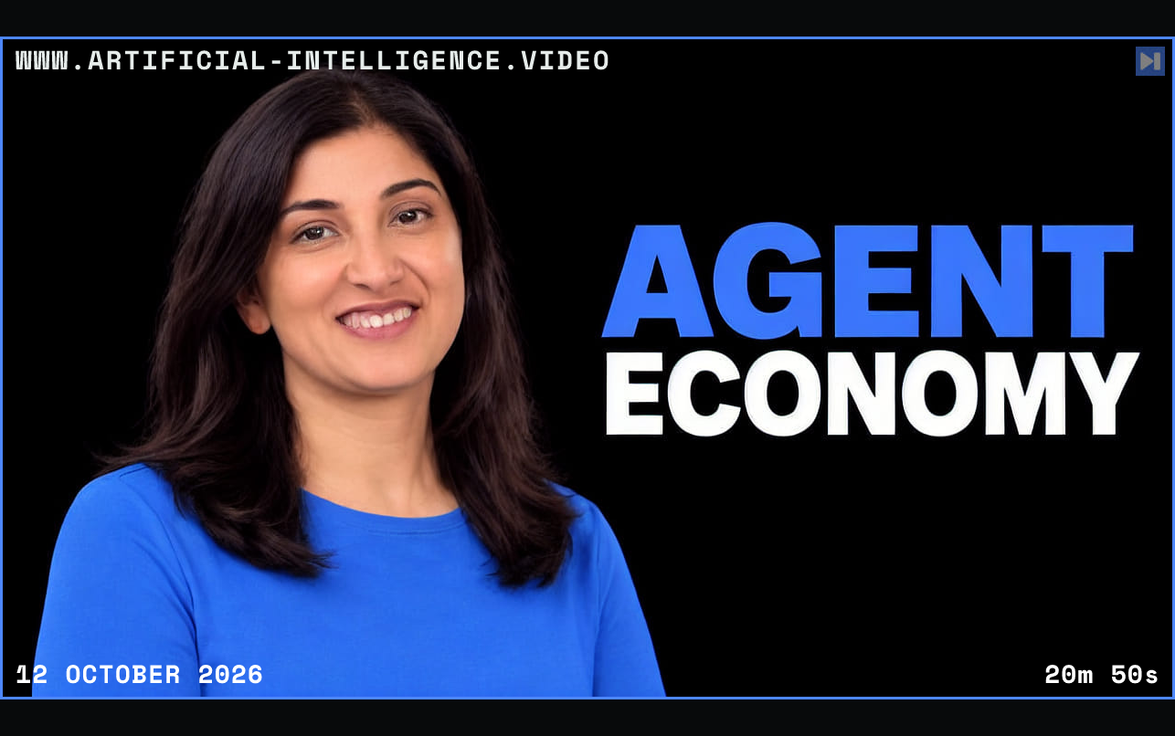Nilofer Rajpurkar in a blue top on the left beside the blue-and-white AGENT ECONOMY headline against black. Framed in blue with WWW.ARTIFICIAL-INTELLIGENCE.VIDEO, 12 October 2026 and duration 20m 50s.