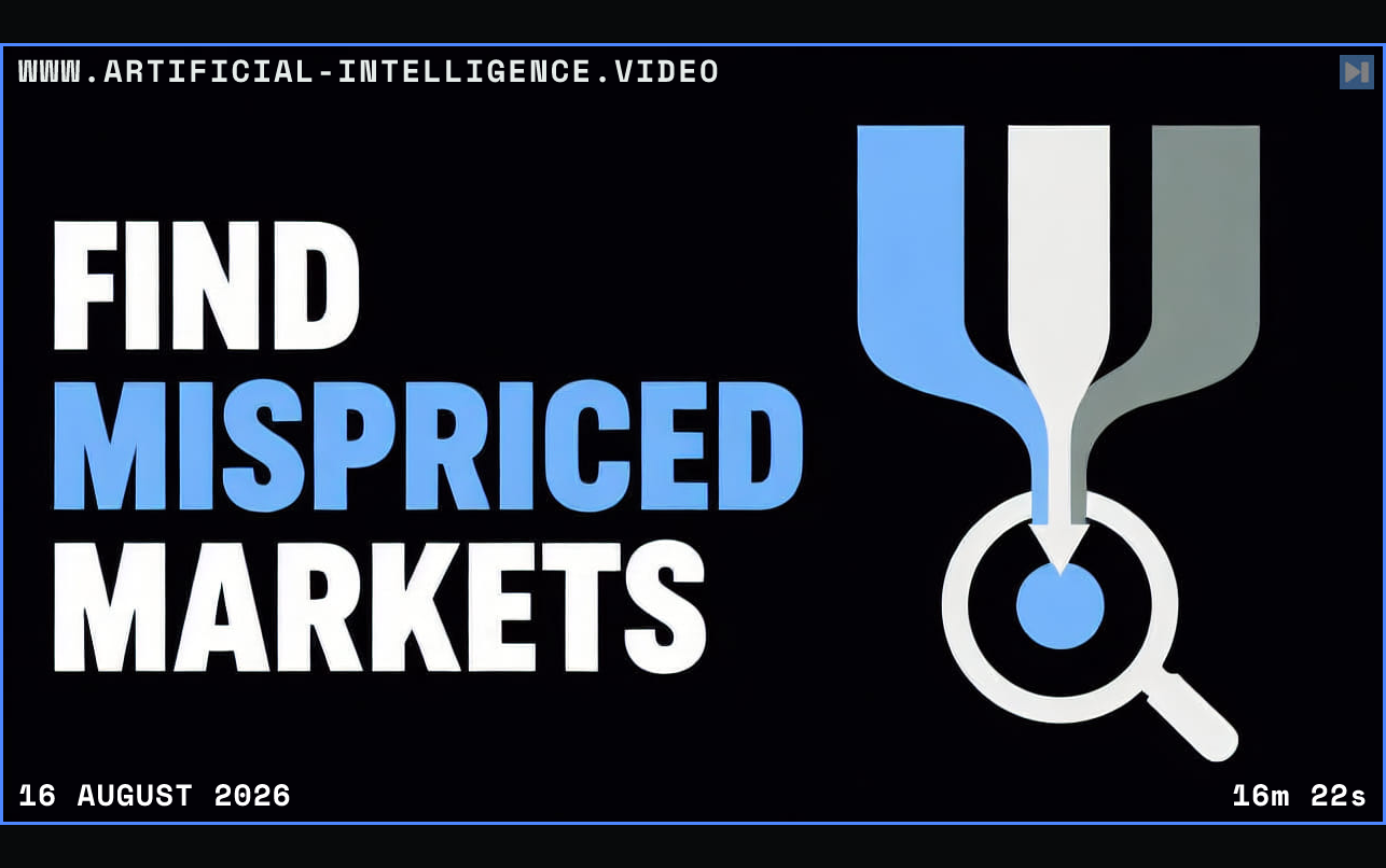 The words Find Mispriced Markets beside three probability paths converging on a magnifying glass Framed in blue with WWW.ARTIFICIAL-INTELLIGENCE.VIDEO, 16 August 2026 and duration 16m 22s.
