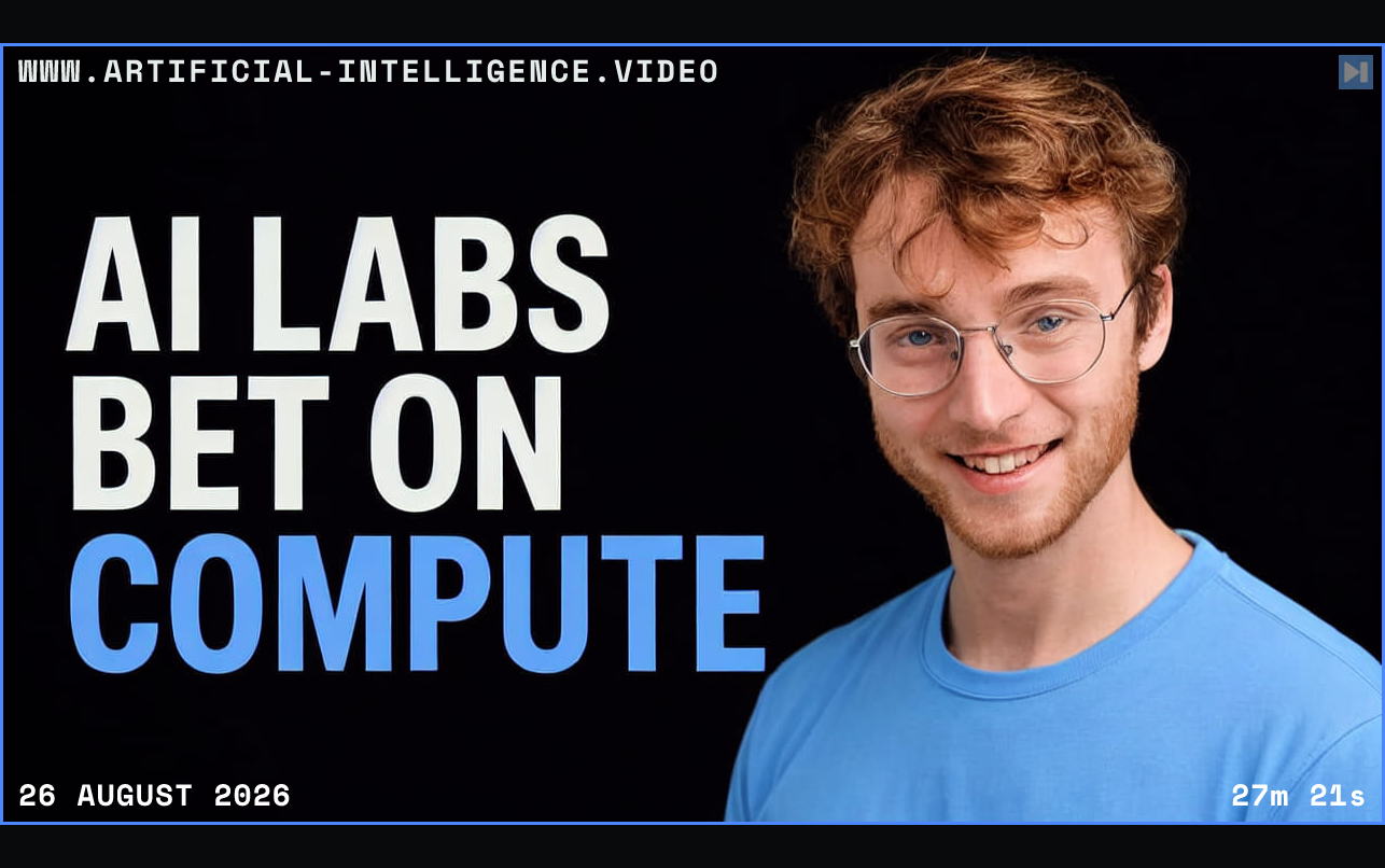 Evan Conrad beside the words AI Labs Bet on Compute Framed in blue with WWW.ARTIFICIAL-INTELLIGENCE.VIDEO, 26 August 2026 and duration 27m 21s.