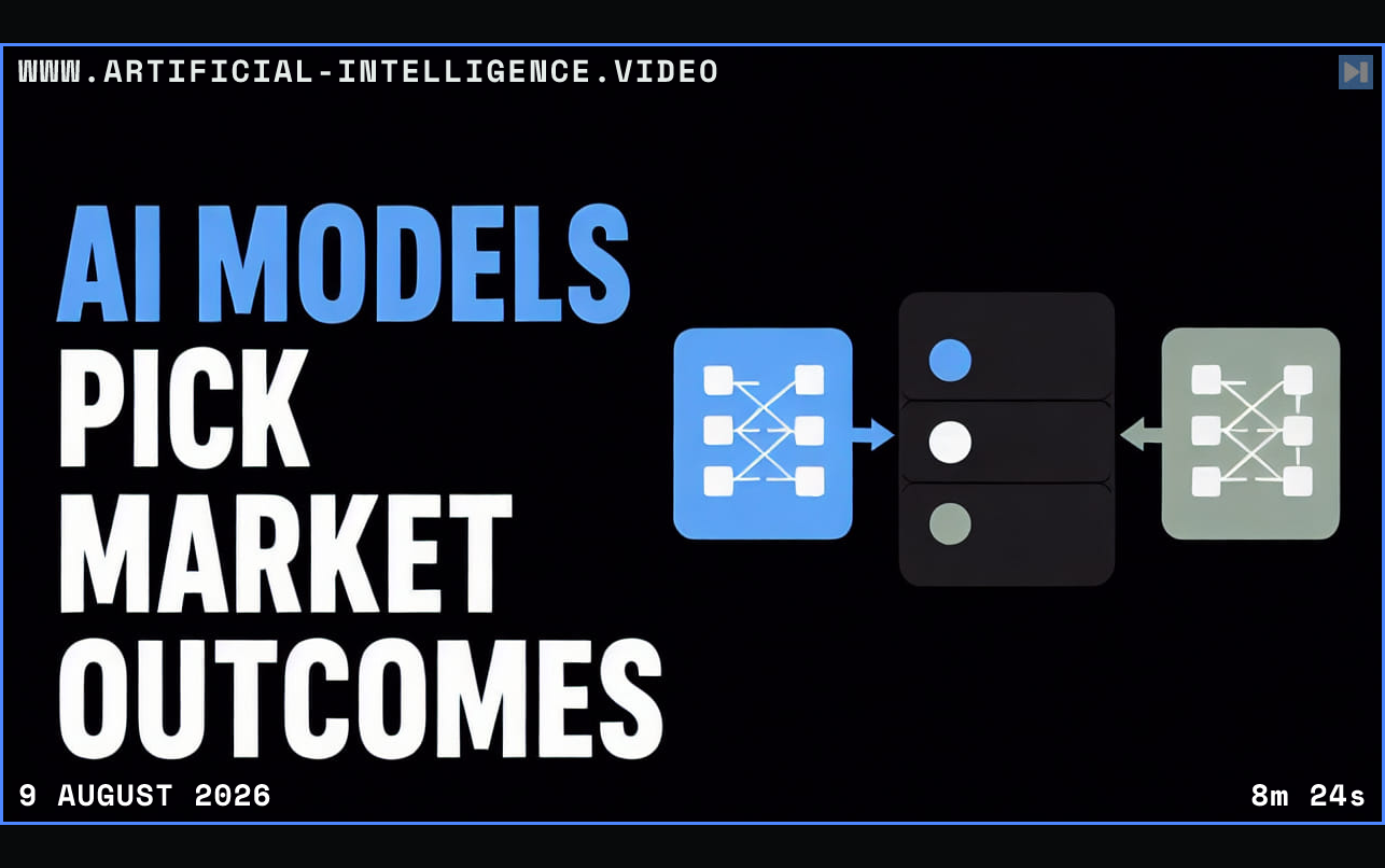 Two flat model tokens selecting outcomes beside the words AI Models Pick Market Outcomes Framed in blue with WWW.ARTIFICIAL-INTELLIGENCE.VIDEO, 9 August 2026 and duration 8m 24s.