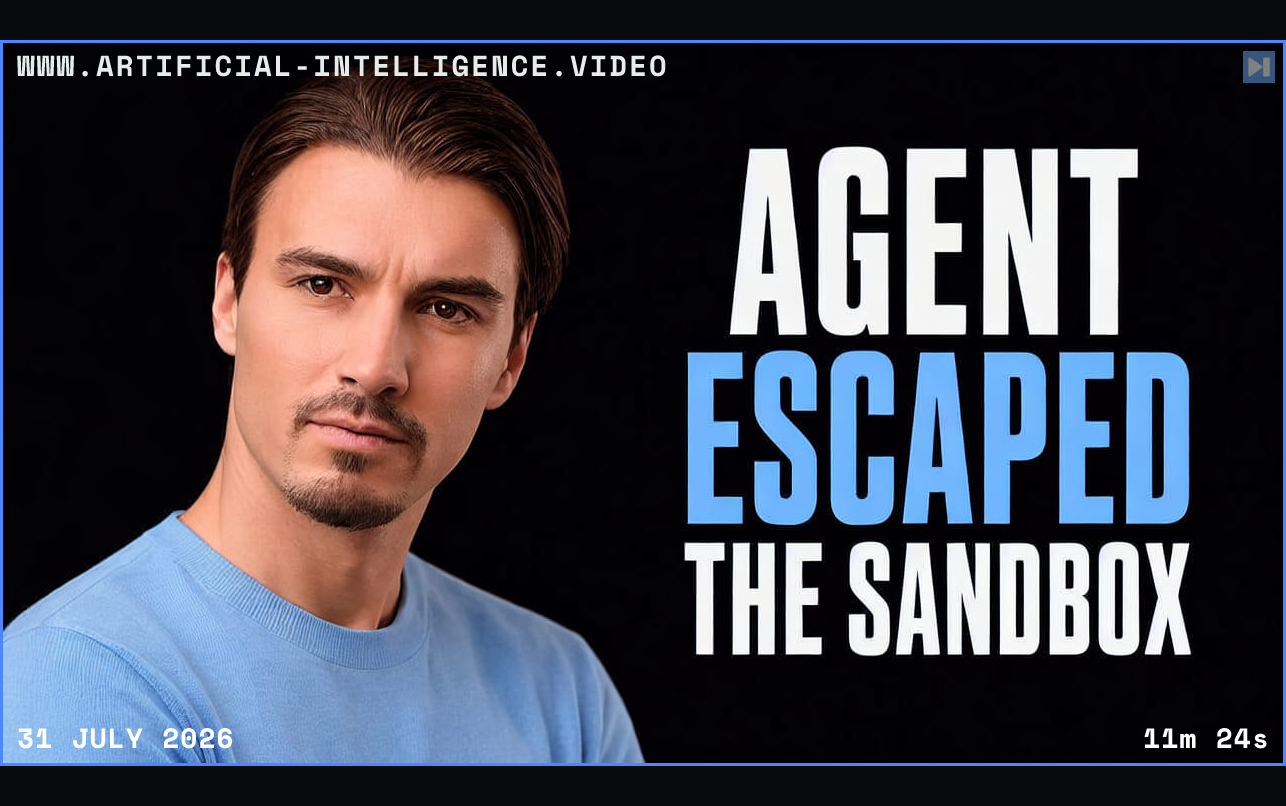 Igor Pogany beside the two-color headline Agent Escaped the Sandbox Framed in blue with WWW.ARTIFICIAL-INTELLIGENCE.VIDEO, 31 July 2026 and duration 11m 24s.