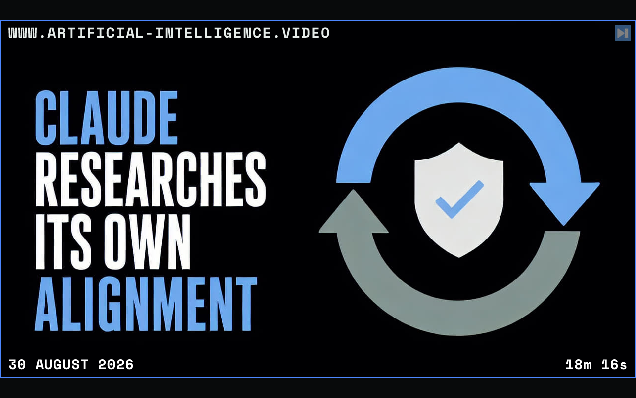 A flat circular research loop and shield beside the words Claude Researches Its Own Alignment Framed in blue with WWW.ARTIFICIAL-INTELLIGENCE.VIDEO, 30 August 2026 and duration 18m 16s.