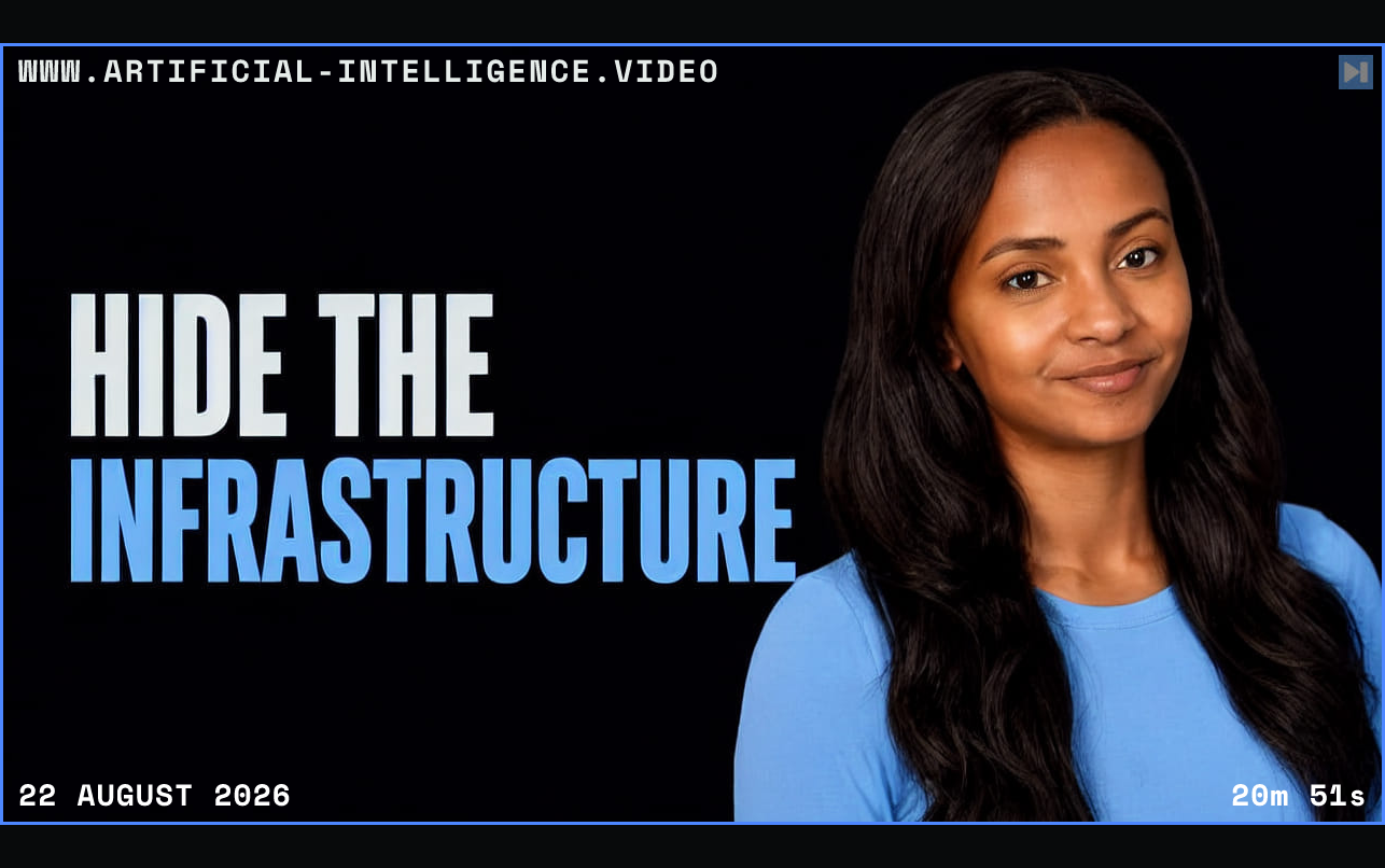 Safia Abdalla beside the words Hide the Infrastructure Framed in blue with WWW.ARTIFICIAL-INTELLIGENCE.VIDEO, 22 August 2026 and duration 20m 51s.