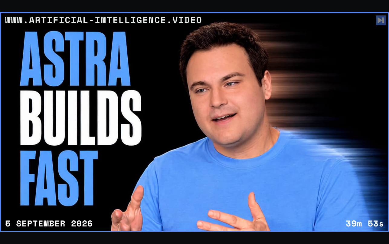 Bijan Bowen gestures in a blue T-shirt with a horizontal motion-blur trail to his right, beside ASTRA BUILDS FAST. Framed in blue with WWW.ARTIFICIAL-INTELLIGENCE.VIDEO, 5 September 2026 and duration 39m 53s.