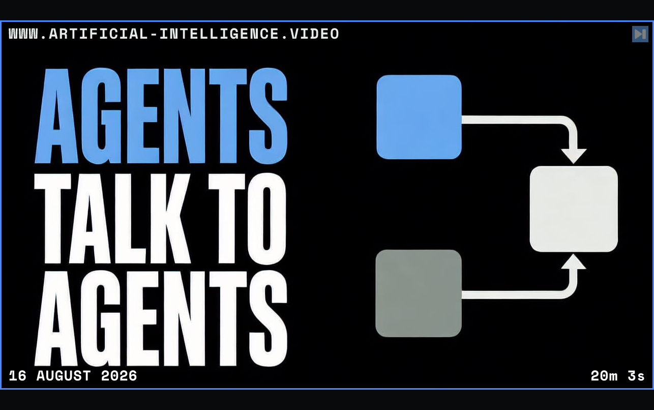 The words Agents Talk to Agents beside three flat agent blocks exchanging work Framed in blue with WWW.ARTIFICIAL-INTELLIGENCE.VIDEO, 16 August 2026 and duration 20m 3s.