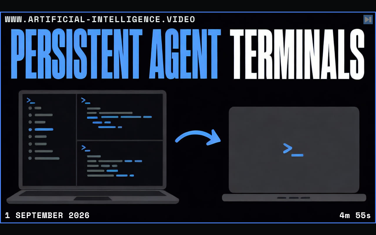 Persistent Agent Terminals in blue and white above flat terminal panes continuing across laptops Framed in blue with WWW.ARTIFICIAL-INTELLIGENCE.VIDEO, 1 September 2026 and duration 4m 55s.
