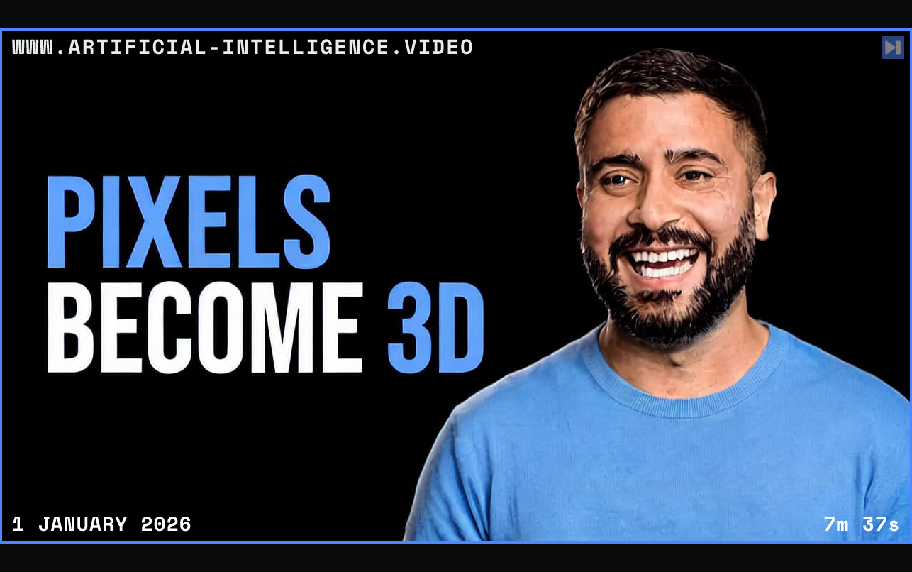 Bilawal Sidhu smiling in a blue shirt beside PIXELS and 3D in blue and BECOME in white on a black background. Framed in blue with WWW.ARTIFICIAL-INTELLIGENCE.VIDEO, 1 January 2026 and duration 7m 37s.
