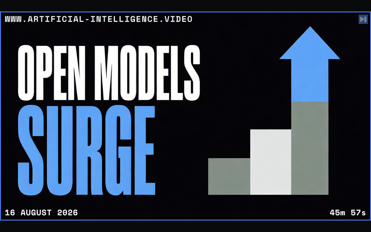 Headline Open Models Surge beside a flat rising-step illustration Framed in blue with WWW.ARTIFICIAL-INTELLIGENCE.VIDEO, 16 August 2026 and duration 45m 57s.