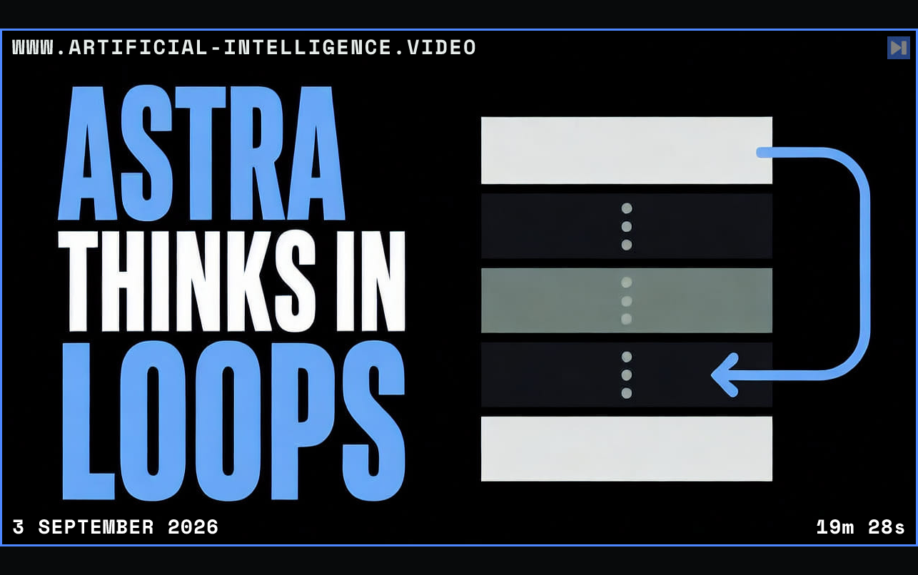 The headline Astra Thinks in Loops beside a flat looped transformer illustration Framed in blue with WWW.ARTIFICIAL-INTELLIGENCE.VIDEO, 3 September 2026 and duration 19m 28s.