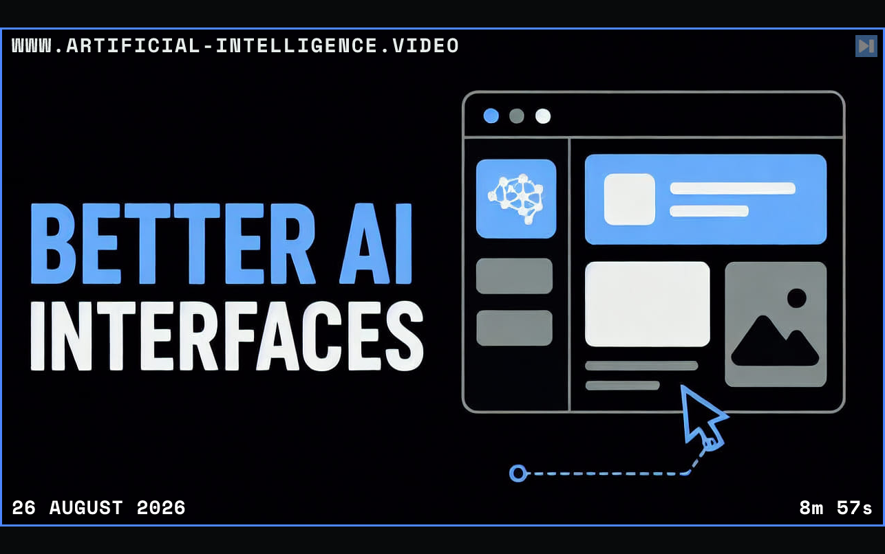 Better AI Interfaces beside a flat browser layout illustration Framed in blue with WWW.ARTIFICIAL-INTELLIGENCE.VIDEO, 26 August 2026 and duration 8m 57s.