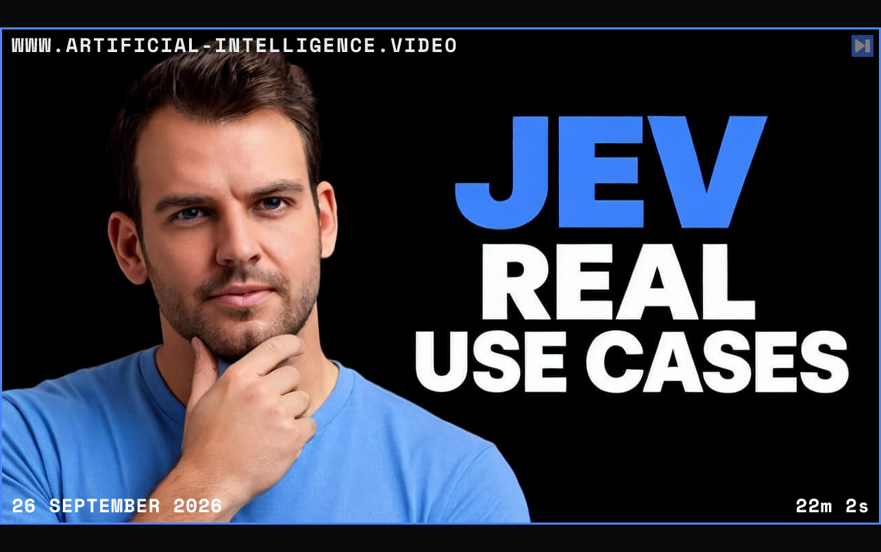 Nathaniel Whittemore in a blue top beside the blue and white headline JEV REAL USE CASES on black. Framed in blue with WWW.ARTIFICIAL-INTELLIGENCE.VIDEO, 26 September 2026 and duration 22m 2s.