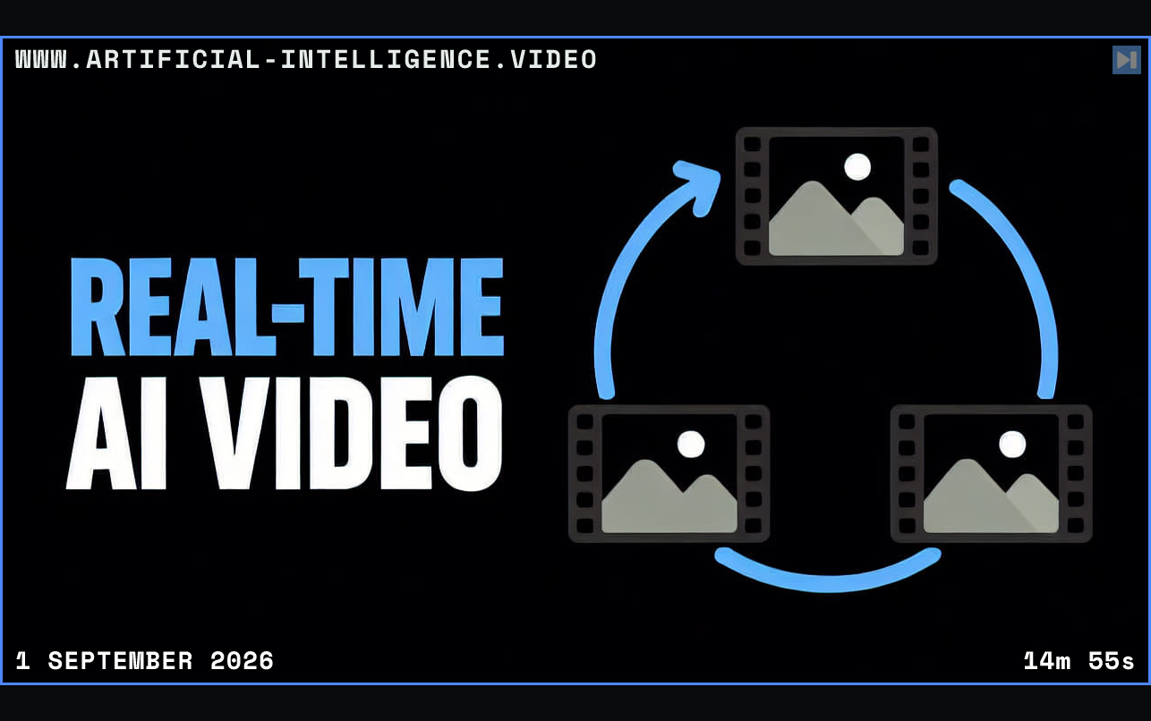 Real-Time AI Video beside one flat continuous film-loop illustration Framed in blue with WWW.ARTIFICIAL-INTELLIGENCE.VIDEO, 1 September 2026 and duration 14m 55s.