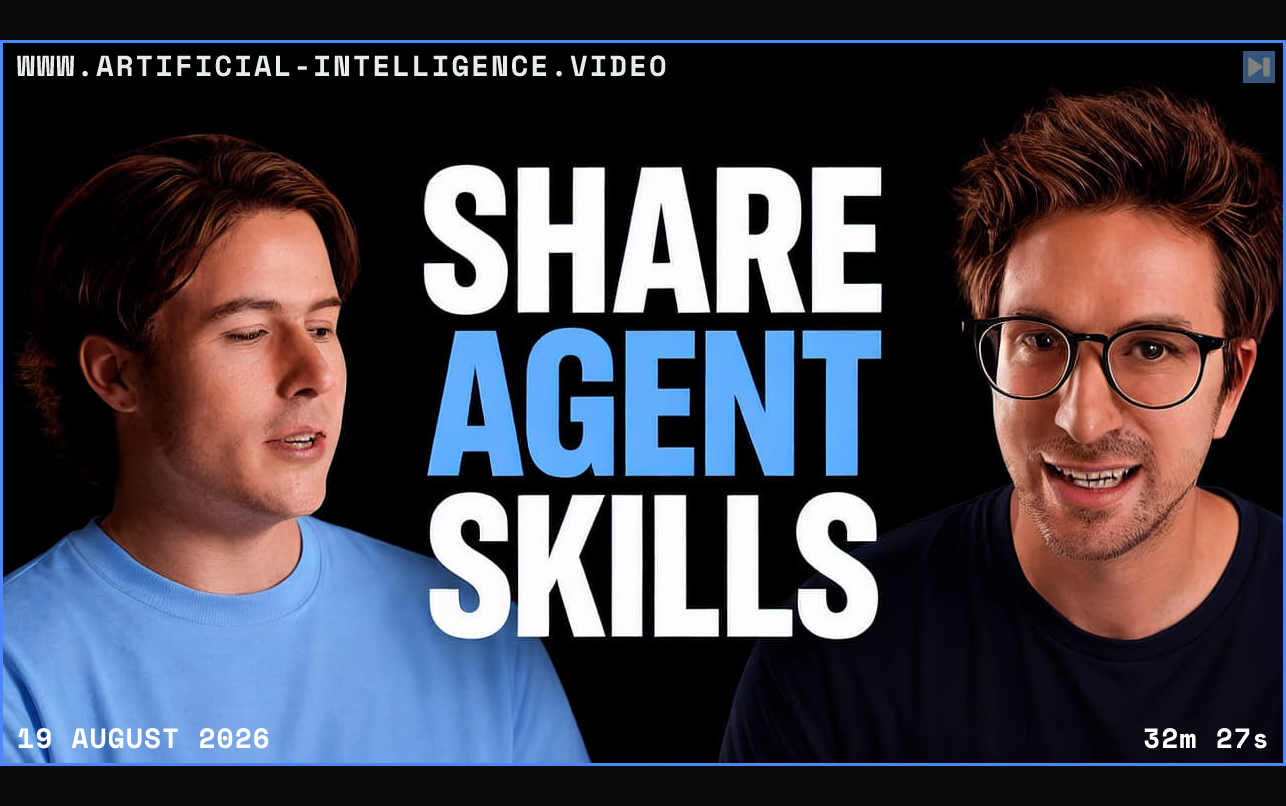 Portraits of Remy Gaskell and Greg Isenberg beside the words Share Agent Skills Framed in blue with WWW.ARTIFICIAL-INTELLIGENCE.VIDEO, 19 August 2026 and duration 32m 27s.
