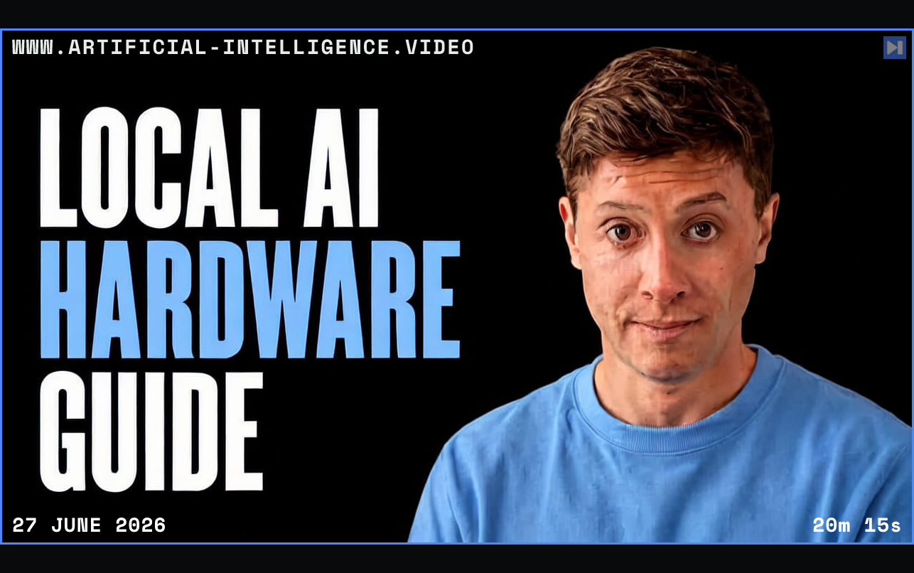Alex Finn in a blue shirt beside Local AI and Guide in white and Hardware in blue on a black background. Framed in blue with WWW.ARTIFICIAL-INTELLIGENCE.VIDEO, 27 June 2026 and duration 20m 15s.