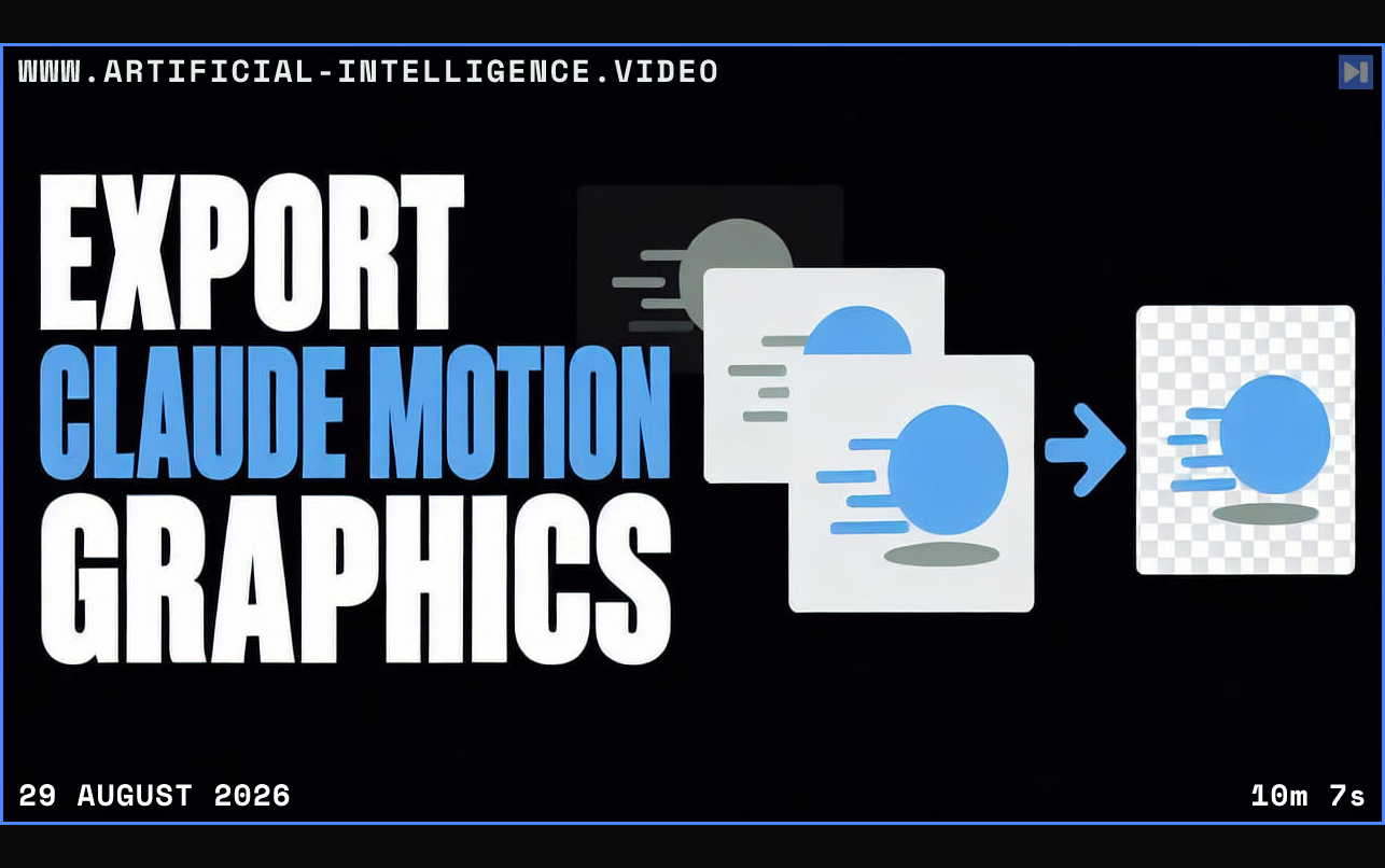 Flat animation frames beside the words Export Claude Motion Graphics Framed in blue with WWW.ARTIFICIAL-INTELLIGENCE.VIDEO, 29 August 2026 and duration 10m 7s.