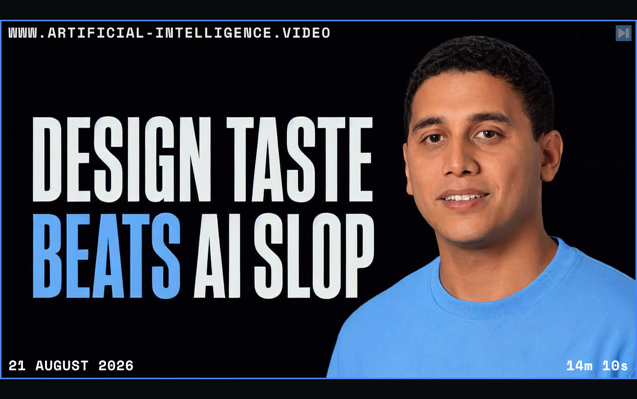 Hassan El Mghari beside the words Design Taste Beats AI Slop Framed in blue with WWW.ARTIFICIAL-INTELLIGENCE.VIDEO, 21 August 2026 and duration 14m 10s.