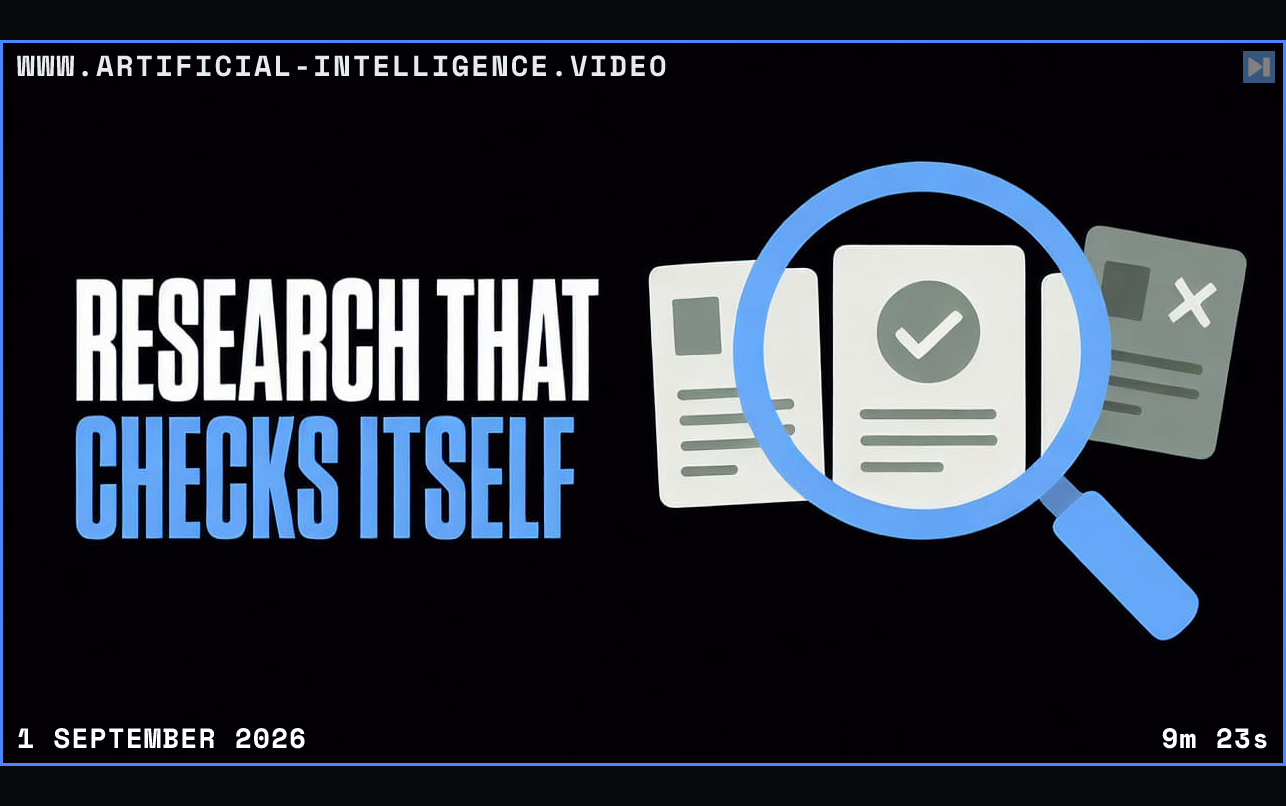 Research That Checks Itself in white and blue beside a flat magnifying glass and evidence cards Framed in blue with WWW.ARTIFICIAL-INTELLIGENCE.VIDEO, 1 September 2026 and duration 9m 23s.