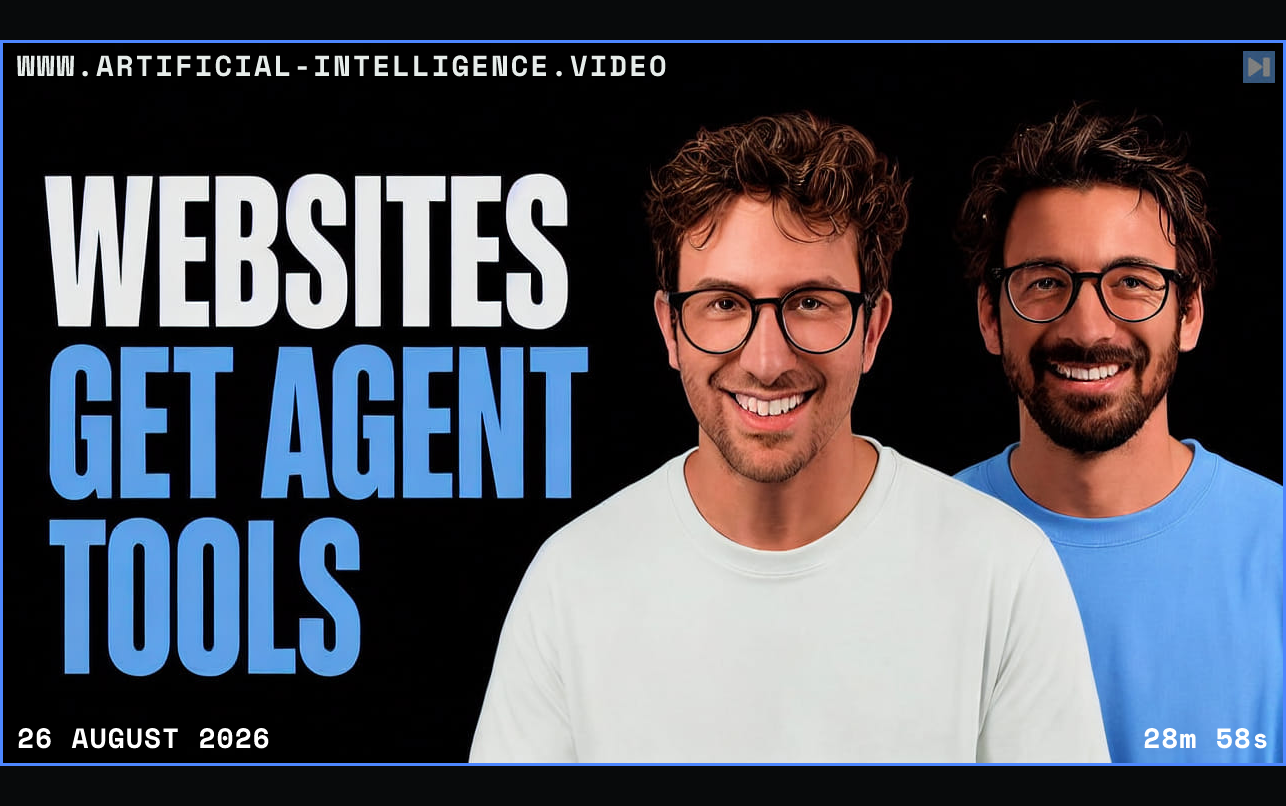 Greg Isenberg and Vince Canger beside the words Websites Get Agent Tools Framed in blue with WWW.ARTIFICIAL-INTELLIGENCE.VIDEO, 26 August 2026 and duration 28m 58s.