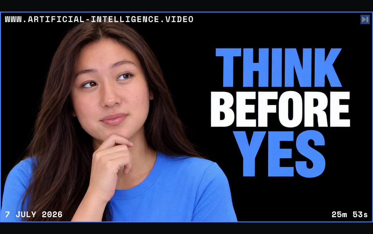 Angel Ortmann Lee thoughtfully touching her chin beside the blue-and-white headline Think Before Yes on a black background. Framed in blue with WWW.ARTIFICIAL-INTELLIGENCE.VIDEO, 7 July 2026 and duration 25m 53s.
