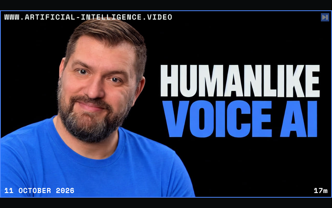 Jesse Hall in a plain blue top against pure black beside the white and blue headline HUMANLIKE VOICE AI. Framed in blue with WWW.ARTIFICIAL-INTELLIGENCE.VIDEO, 11 October 2026 and duration 17m.