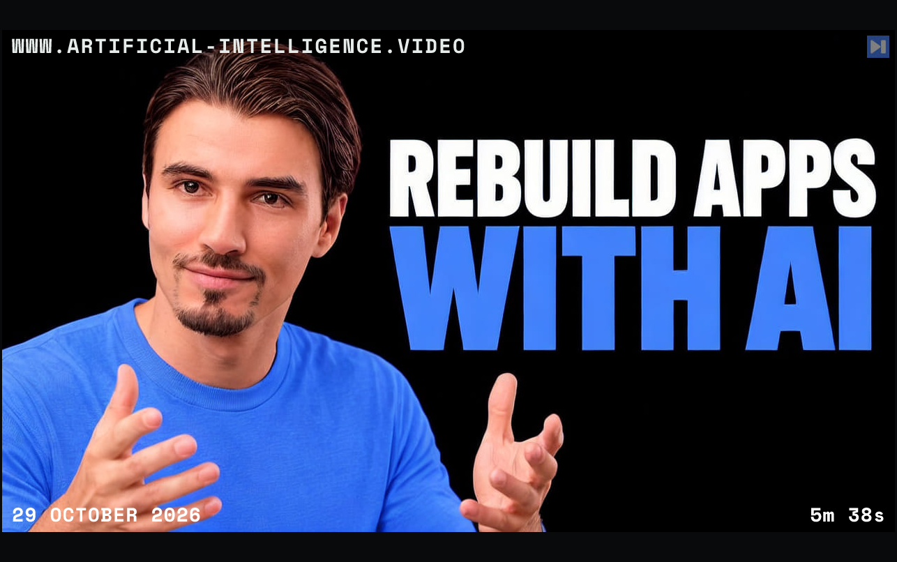 Igor Pogany gestures beside the blue and white headline REBUILD APPS WITH AI on a black background. With WWW.ARTIFICIAL-INTELLIGENCE.VIDEO, 29 October 2026 and duration 5m 38s.