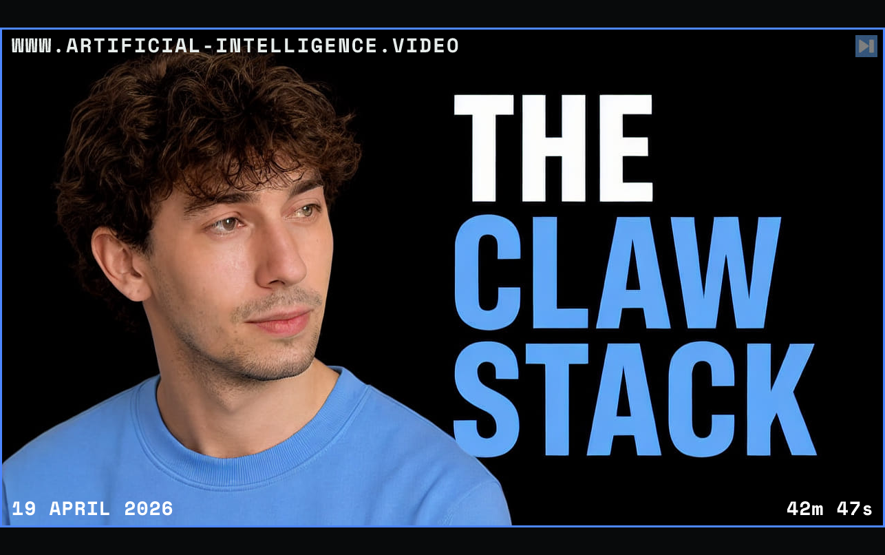 Adam Łucek beside the words The Claw Stack Framed in blue with WWW.ARTIFICIAL-INTELLIGENCE.VIDEO, 19 April 2026 and duration 42m 47s.