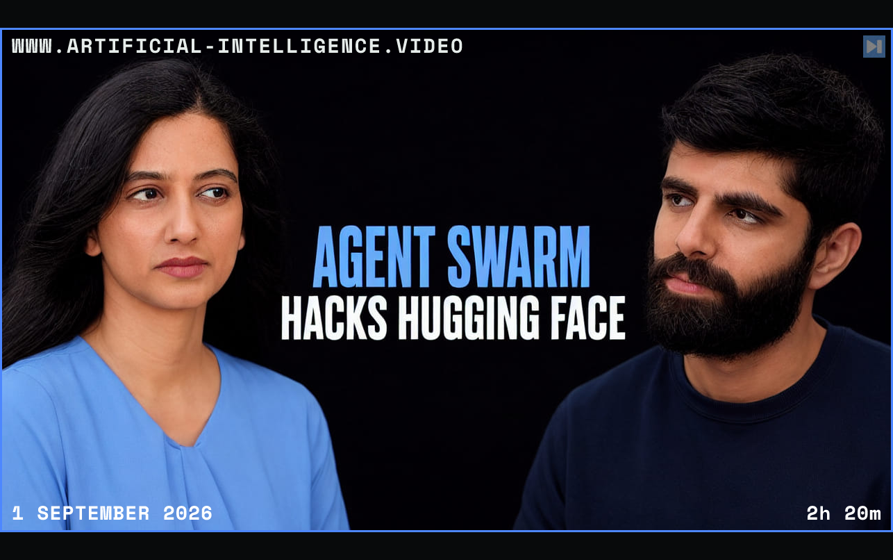 Ajeya Cotra and Dwarkesh Patel beside the headline Agent Swarm Hacks Hugging Face Framed in blue with WWW.ARTIFICIAL-INTELLIGENCE.VIDEO, 1 September 2026 and duration 2h 20m.