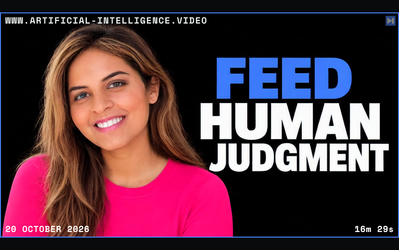 Anekha Sokhal in a pink top beside the blue and white headline "FEED HUMAN JUDGMENT" on black. Framed in blue with WWW.ARTIFICIAL-INTELLIGENCE.VIDEO, 20 October 2026 and duration 16m 29s.