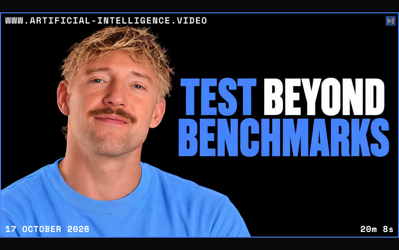 Jack Roberts against a black background with the blue-and-white headline "TEST BEYOND BENCHMARKS". Framed in blue with WWW.ARTIFICIAL-INTELLIGENCE.VIDEO, 17 October 2026 and duration 20m 8s.