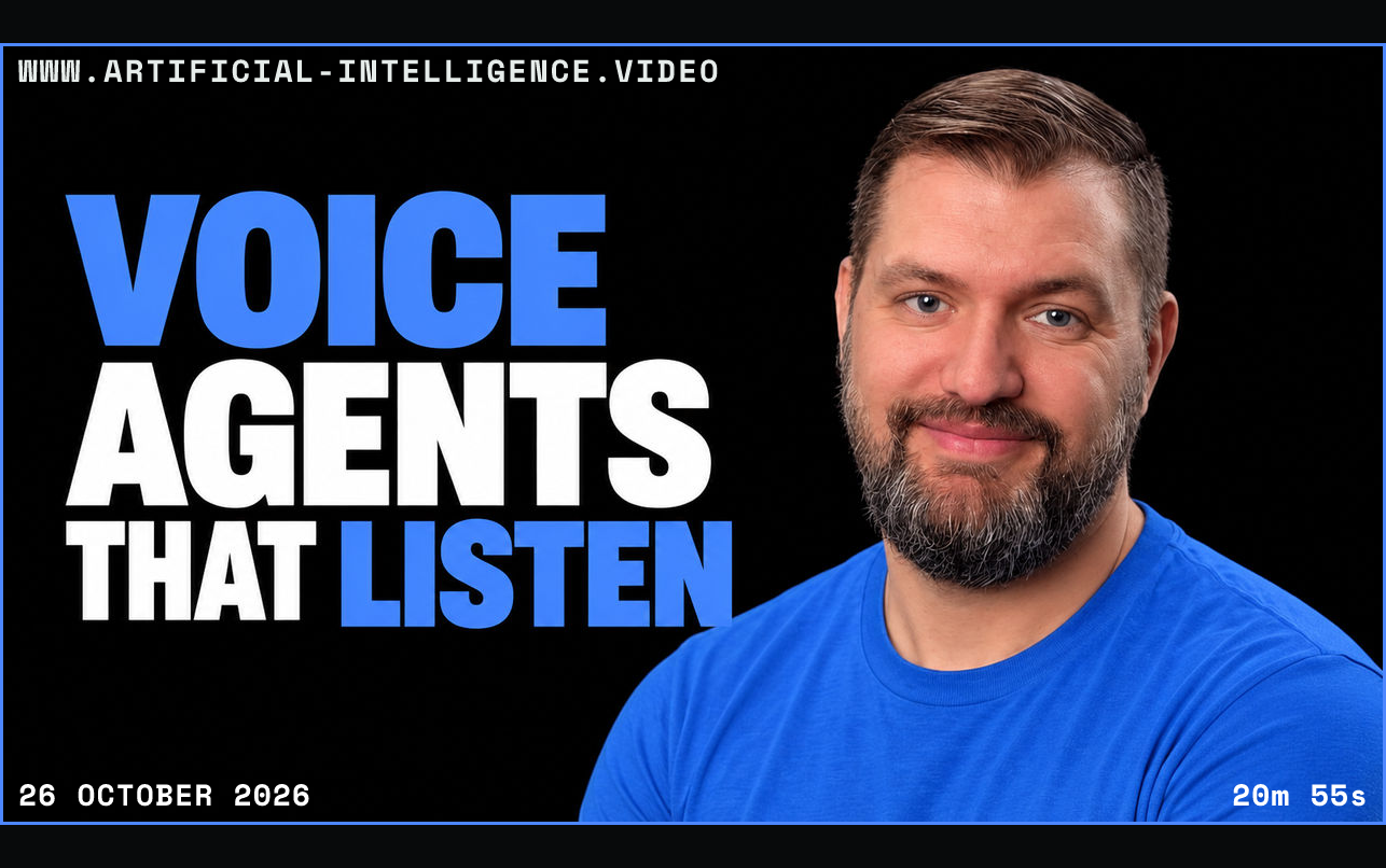 Jesse Hall in a plain blue top against black beside the white and blue headline 'VOICE AGENTS THAT LISTEN'. Framed in blue with WWW.ARTIFICIAL-INTELLIGENCE.VIDEO, 26 October 2026 and duration 20m 55s.